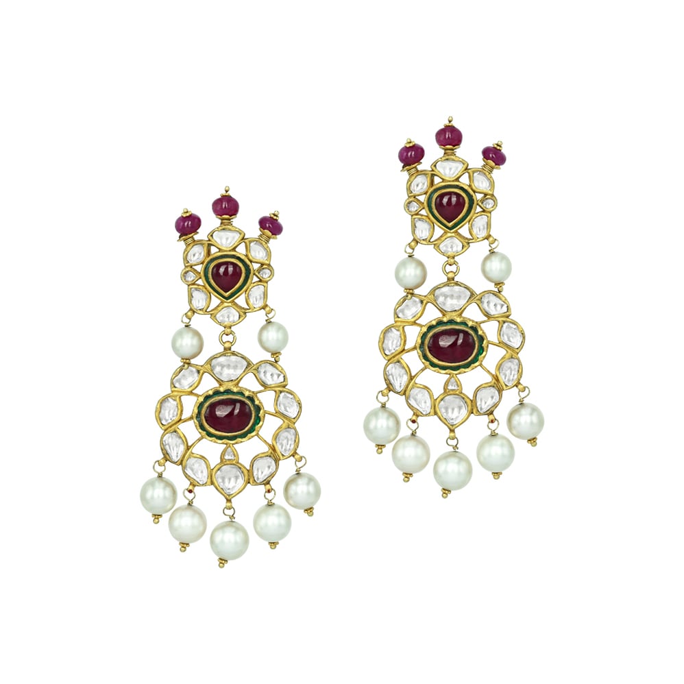 Polki Choker Set with Ruby Cabochons, Pearl Drops, and Pendant
